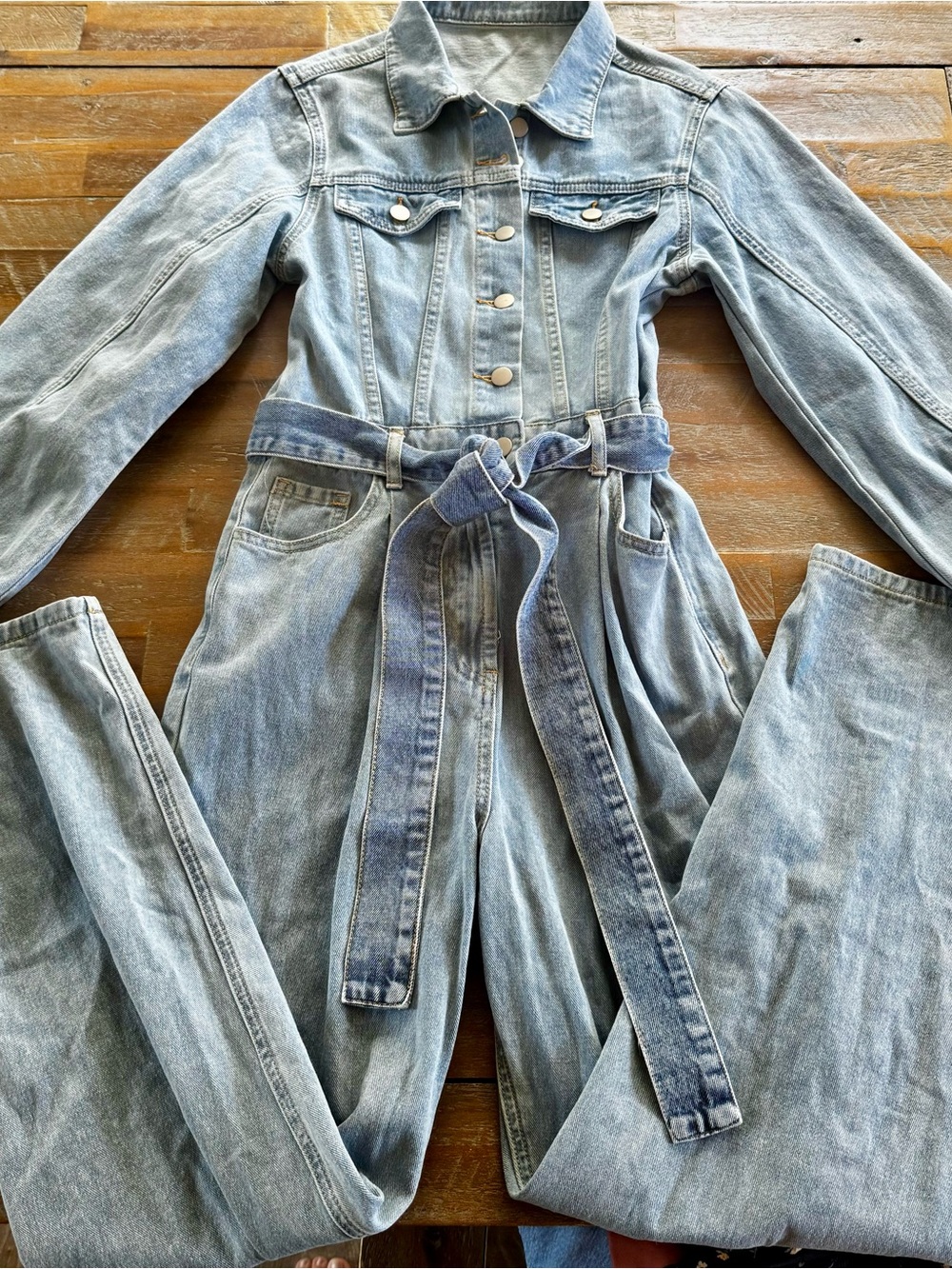 Women’s Light Blue Denim Jumpsuit with Tie Waist